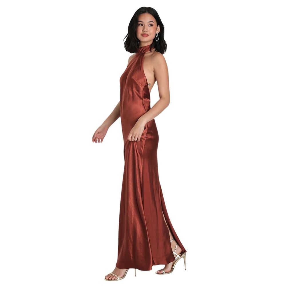 Lulus Love in Your Life Rust Brown Satin Halter Maxi Dress size Small NWT